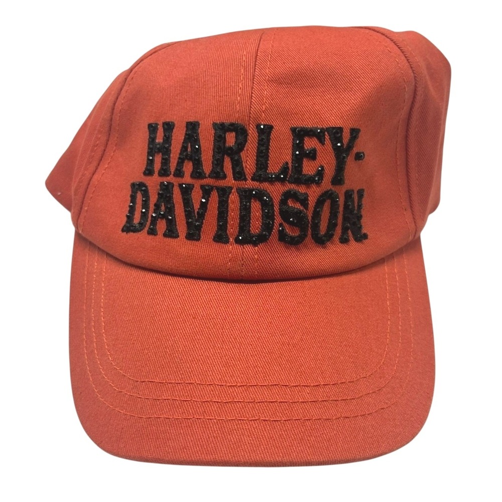 Harley Davidson Orange Rhinestone Hat Adjustable Y2K Biker Moto‎ Girl Edgy Glam